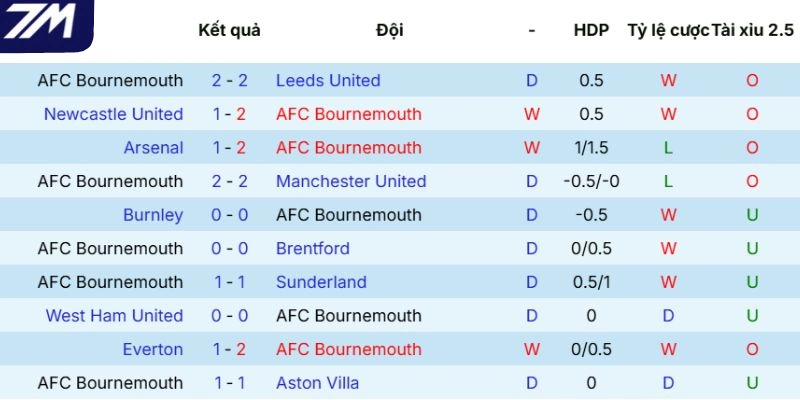 Thành tích ra sân của AFC Bournemouth mới đây